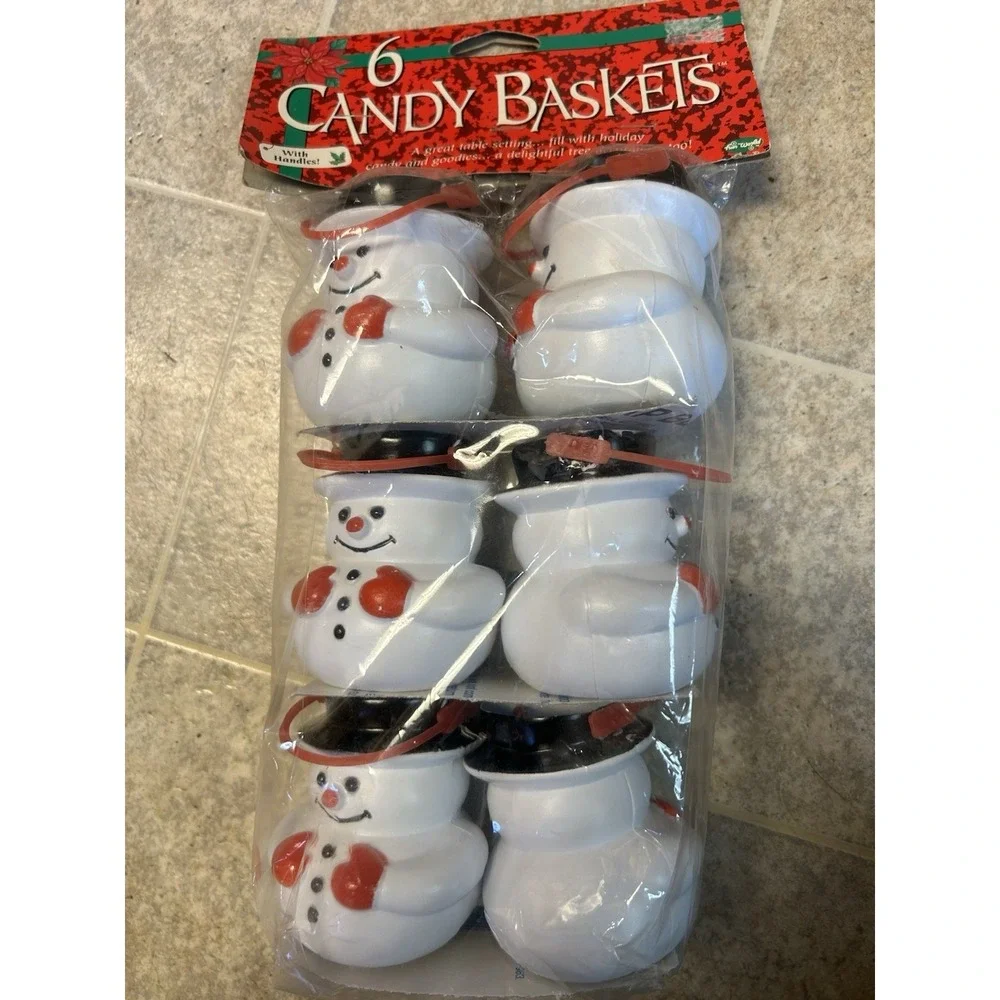 Vintage Snowman Plastic Candy Baskets Set Of 6 Brand New 3